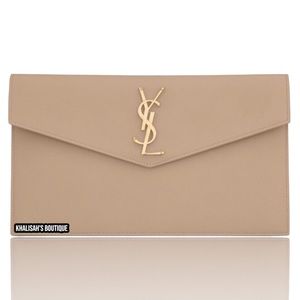 Authentic YSL Saint Laurent Uptown Monogram Grain de Poudre Clutch Dark Beige!!!
